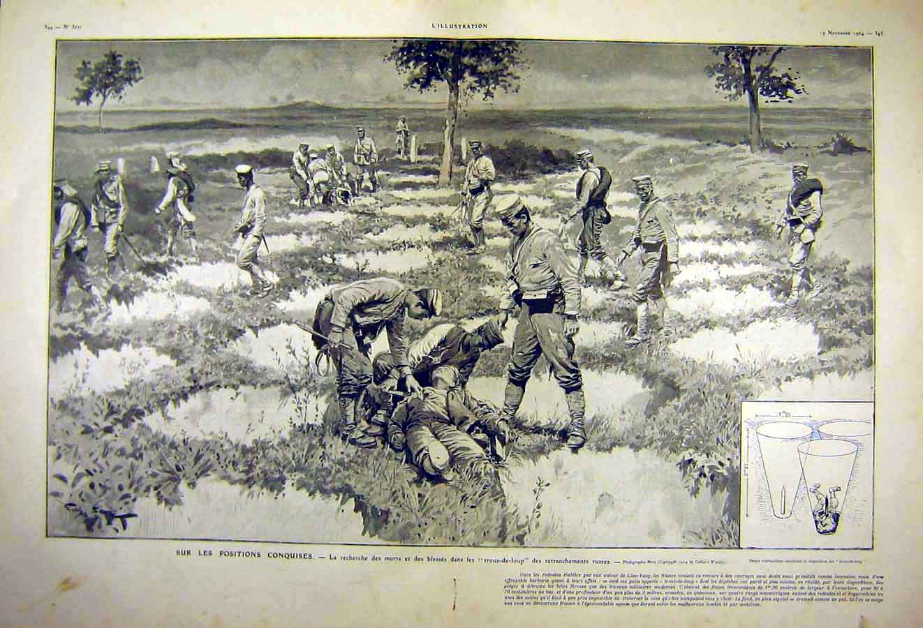 Original Old Antique Print Trous-De-Loup War Russian Liao-Yang French 1904 20th