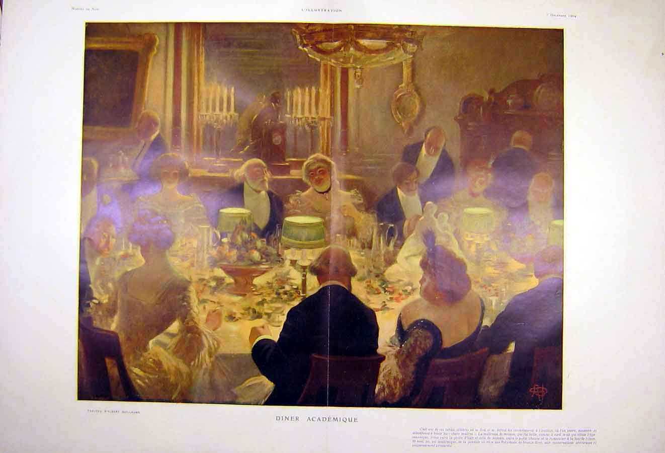 Original Old Antique Print Academy Dinner Guillaume French 1904 People Art 20th