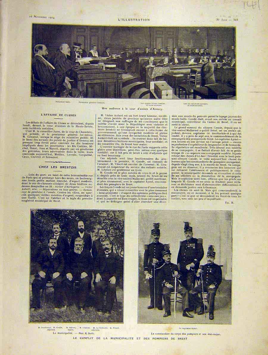 Original Old Antique Print Court Annecy Brest Pompiers Aubert 1904 French 20th