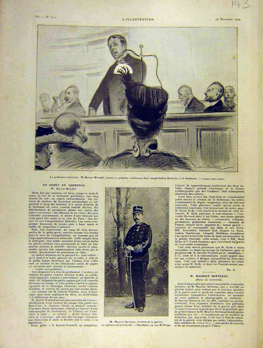 Original Old Antique Print Barrett-Wendell American Sorbonne Bertreaux 1904 20th