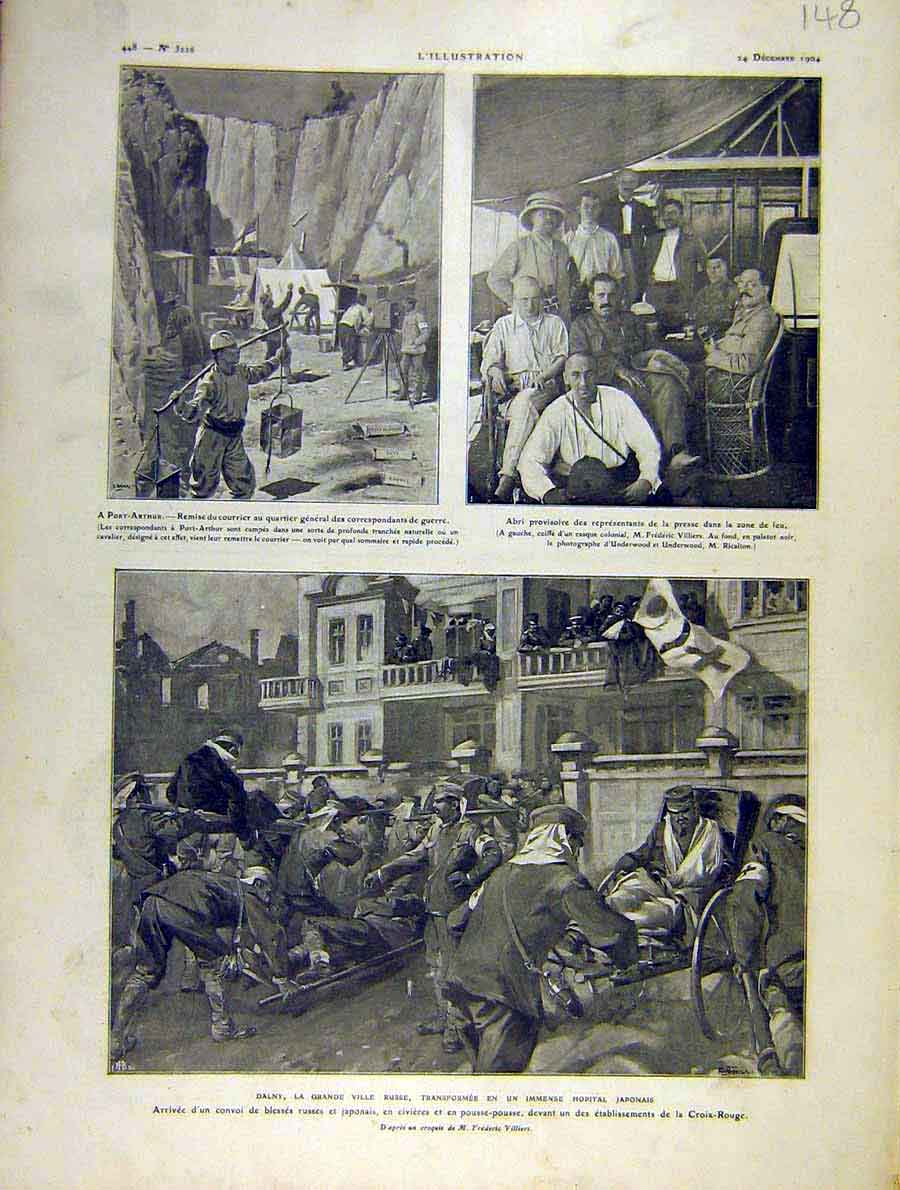 Original Old Antique Print Dalny Russian Port-Arthur Abri Japanese Hospital1904