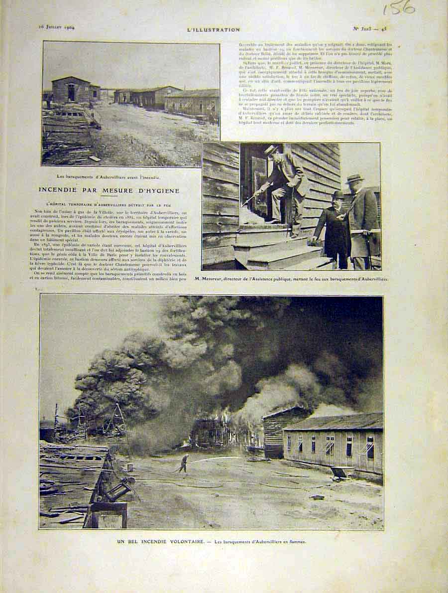 Original Old Antique Print Hygiene Aubervilliers Fire Mesureur Barracks 1904
