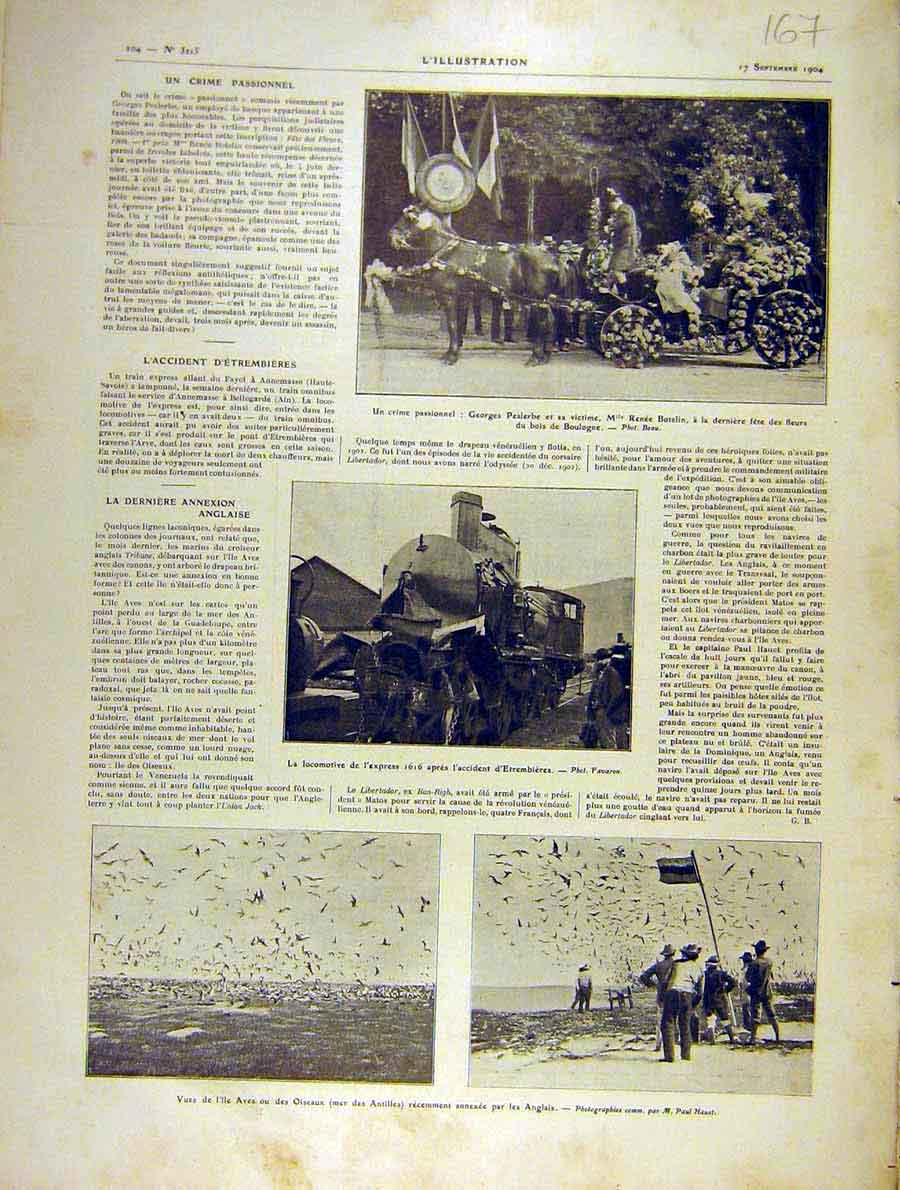 Original Old Antique Print Peslerbe Botelin Locomotive Accident Birds Aves 1904