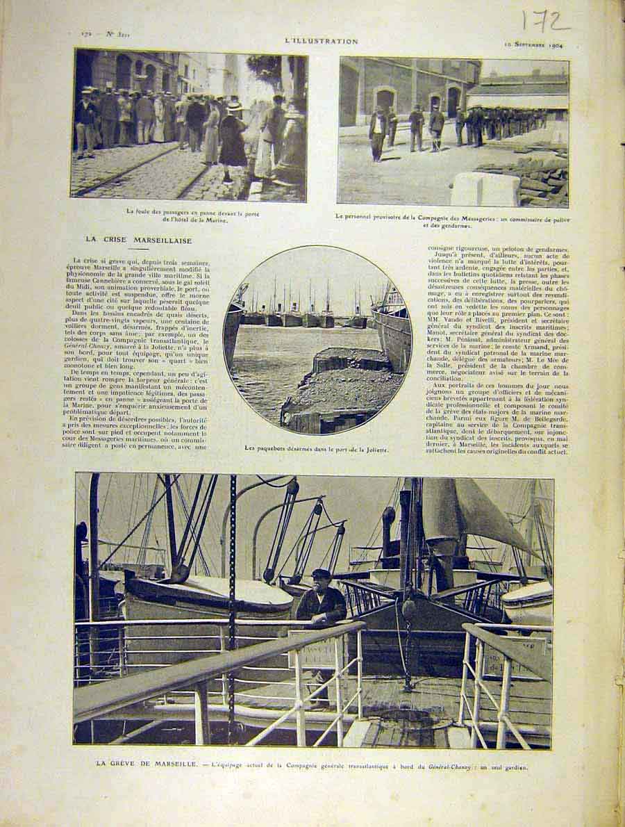 Original Old Antique Print Marseilles Crisis Police Compangnie French 1904 20th