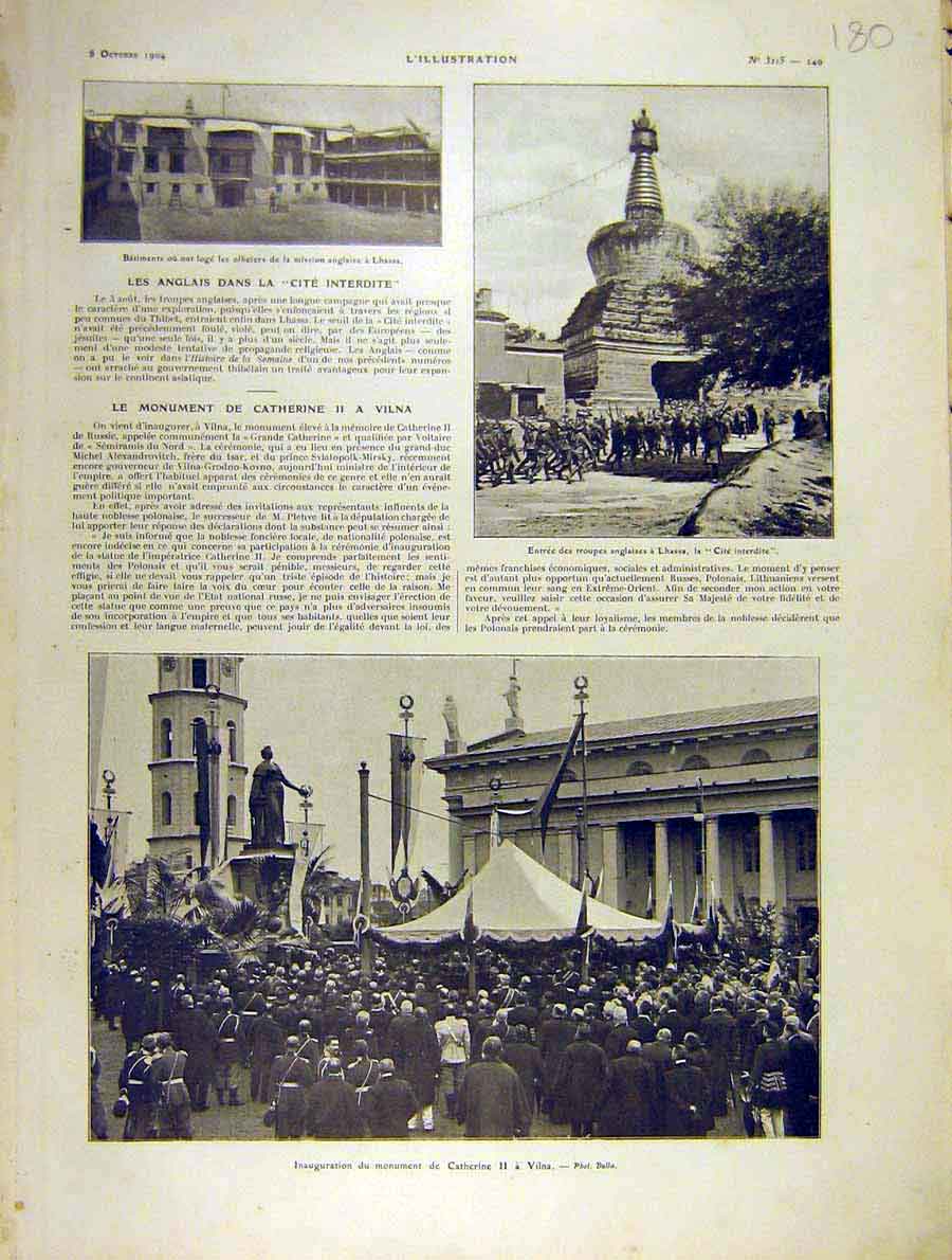 Original Old Antique Print Catherine Vilna Monument Lhassa Troops 1904 20th