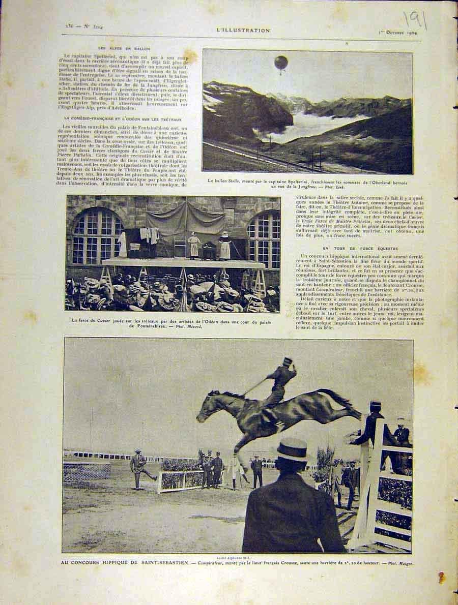 Old Antique Print Balloon Spelterini Jungfrau Theatre Alphonse-Xiii Horse