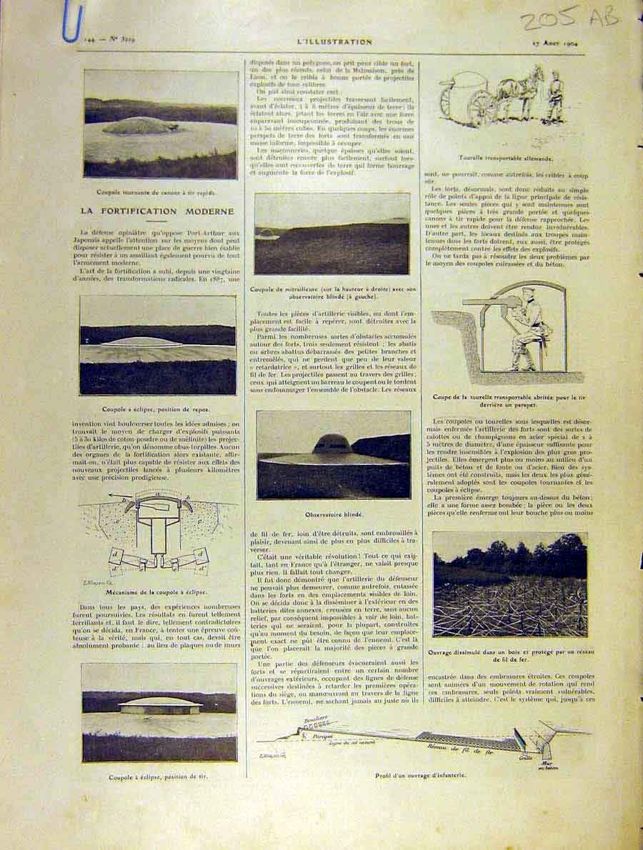 Original Old Antique Print Coupole Parapet Fence Magazine War Battle 1904 20th