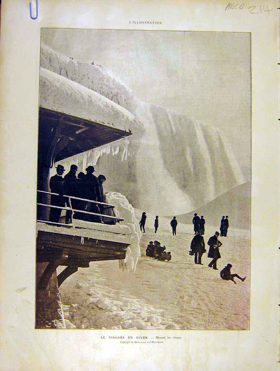Original Old Antique Print Niagara Winter Ice Frozen Snow Sledge French 1904