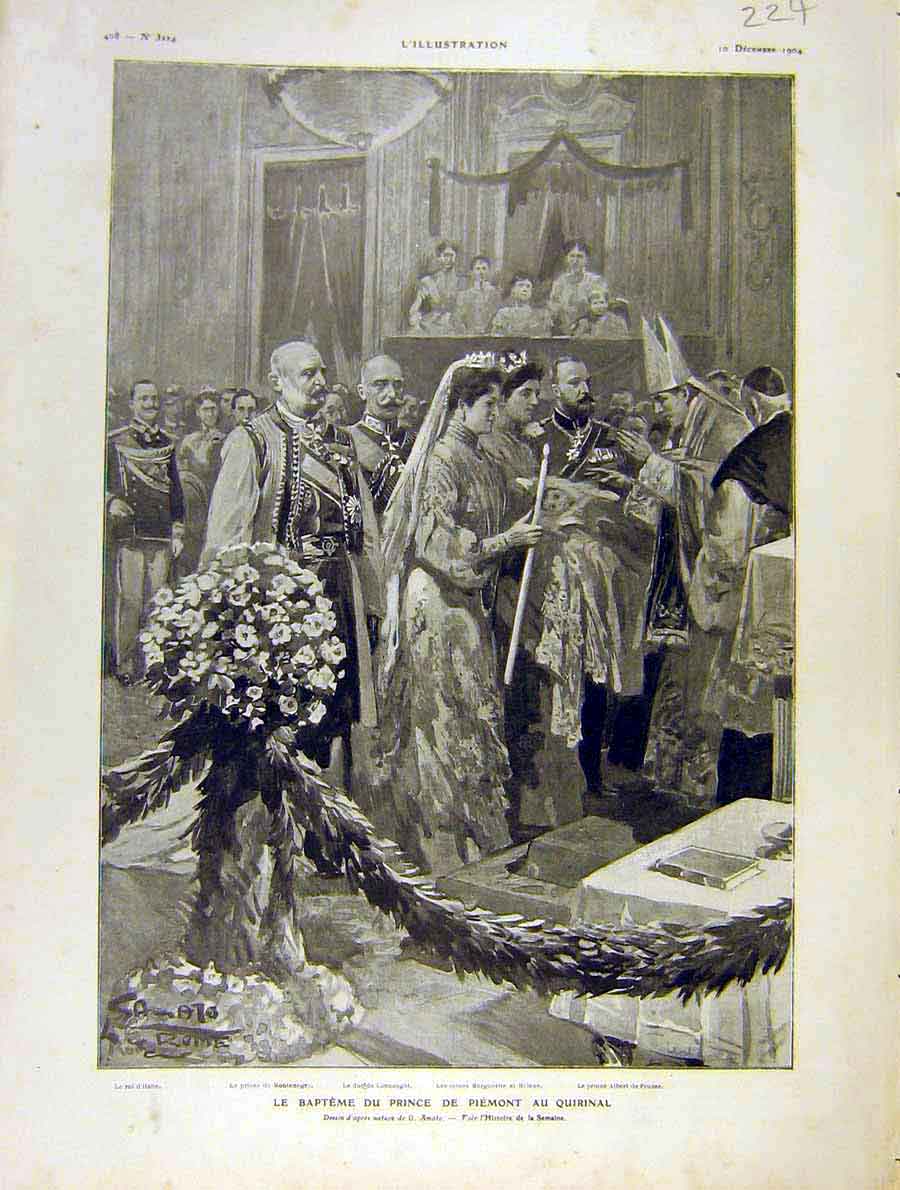 Original Old Antique Print Baptism Prince Piemont Quirinal French 1904 20th