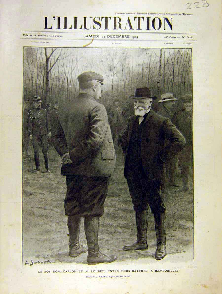 Original Old Antique Print King Carlos Loubet Rambouillet French 1904 20th