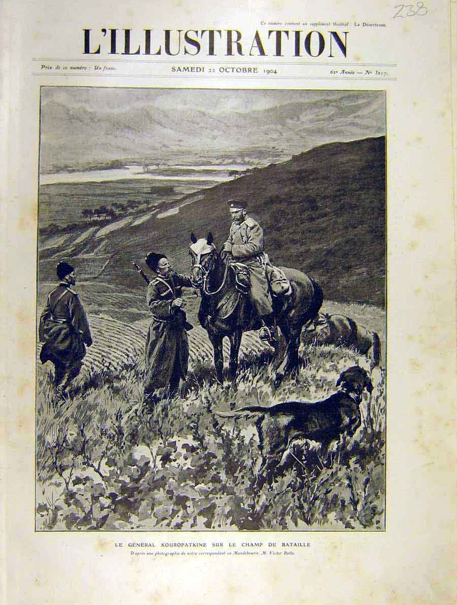 Original Old Antique Print General Kouropatkine Battle-Field Military 1904 20th