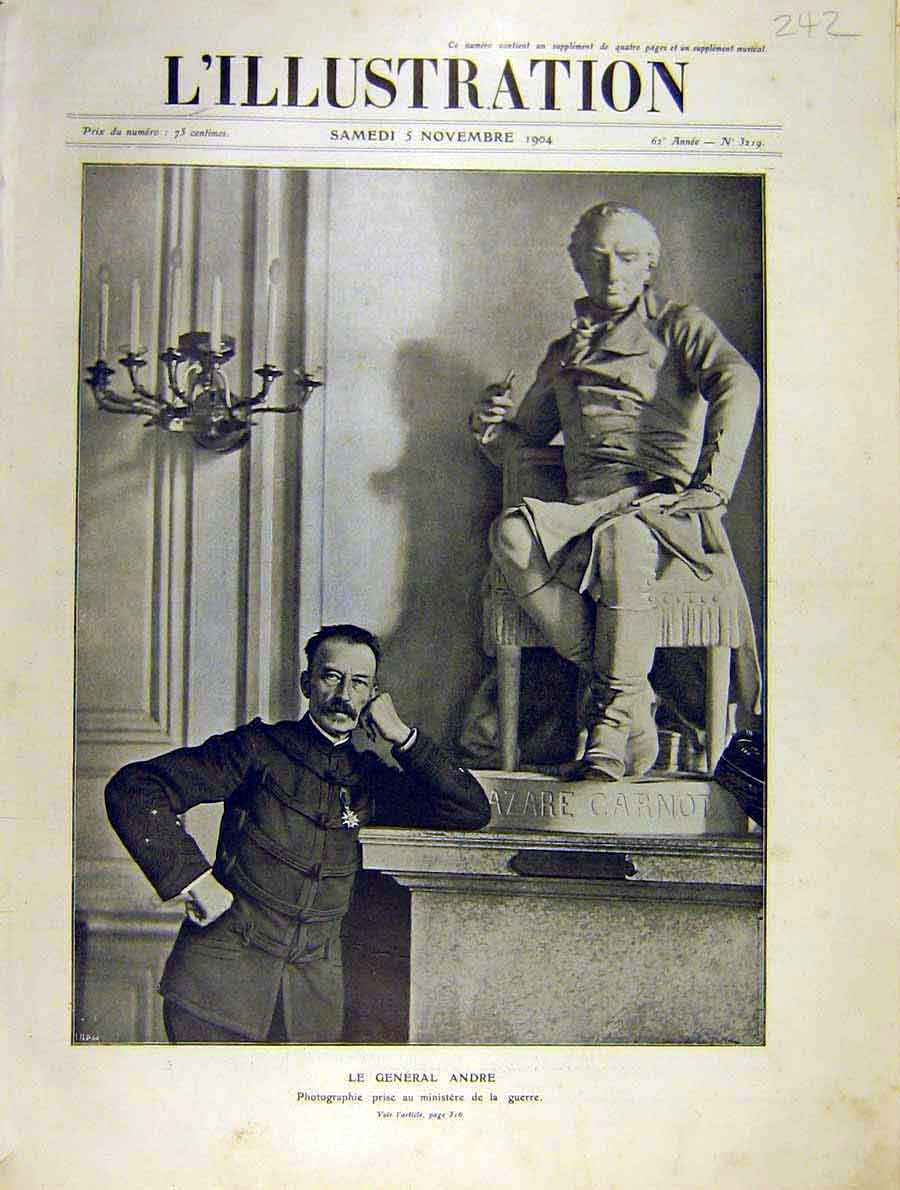 Original Old Antique Print Portrait General Andre Minister War French 1904 20th