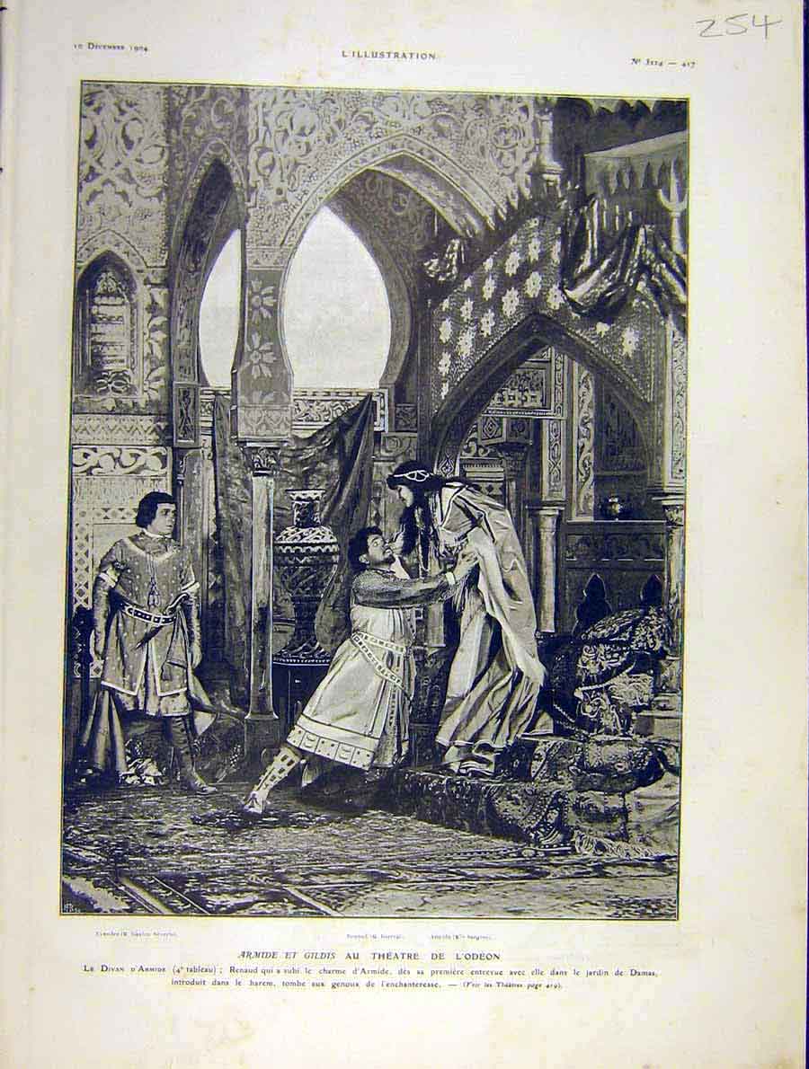 Original Old Antique Print Theatre Odeon Armide Dorival Scene French 1904 20th