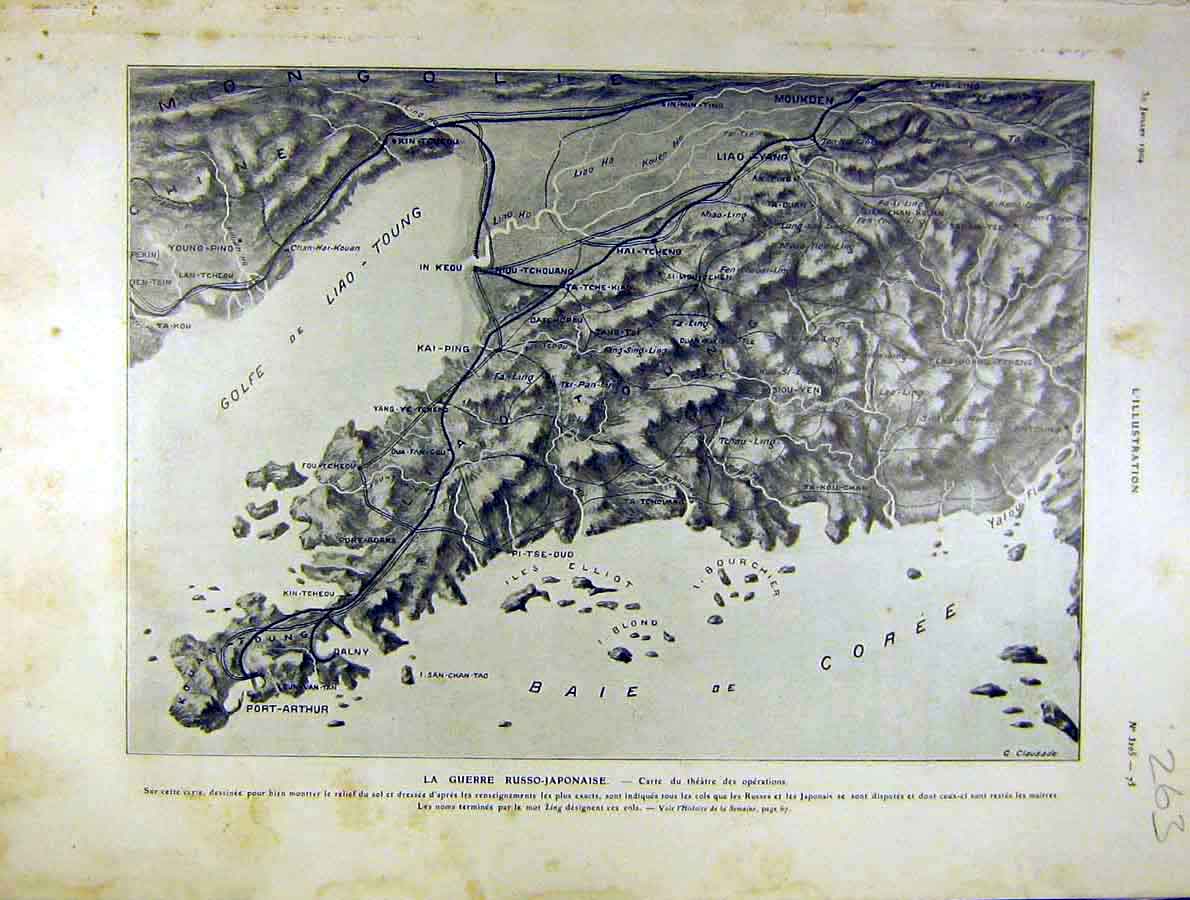 Original Old Antique Print War Russian-Japanese Map Port-Arthur French 1904 20th