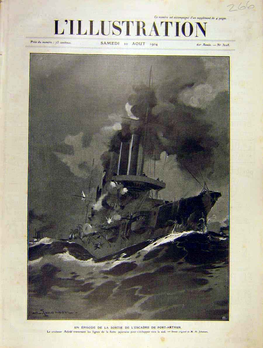 Original Old Antique Print Port-Arthur Navy AskJapanese Ship French 1904 20th