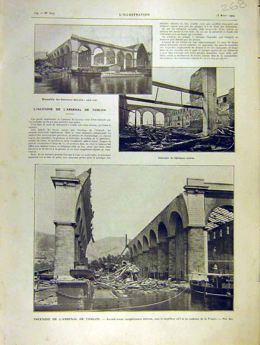 Original Old Antique Print Fire Arsenal Toulon France French 1904 20th Century