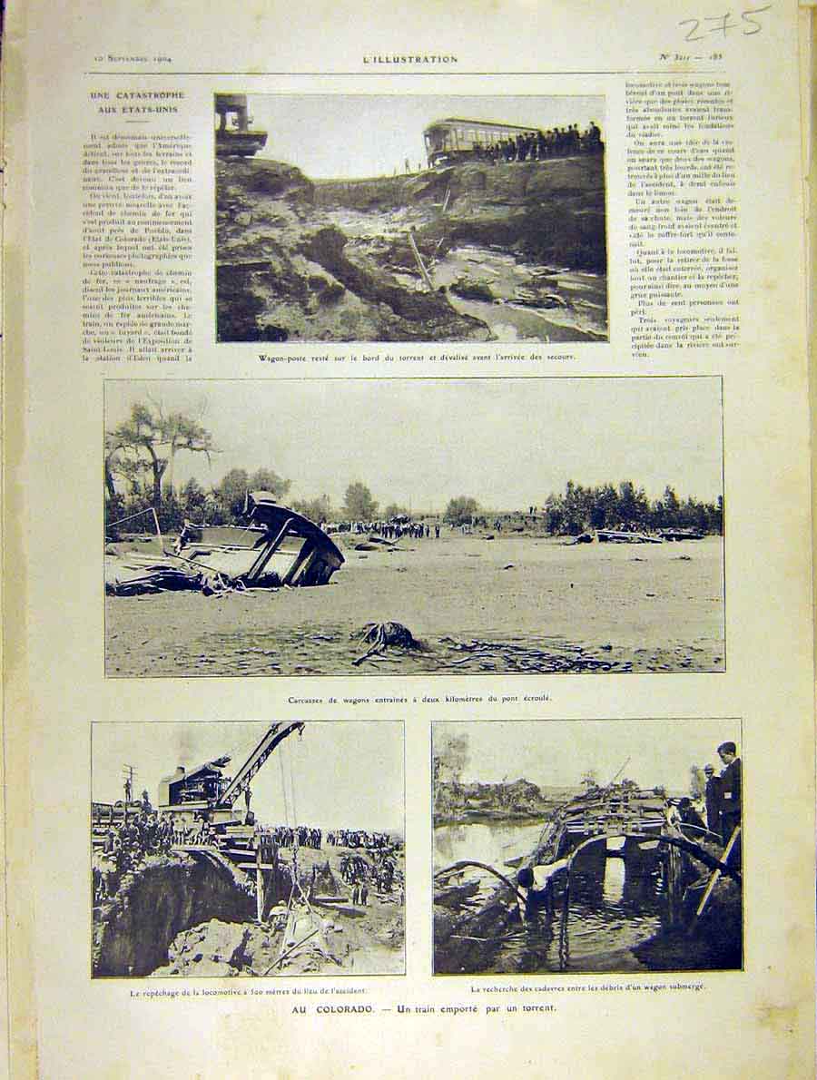 Original Old Antique Print Colorado Train Storm River Flood Railway 1904 20th