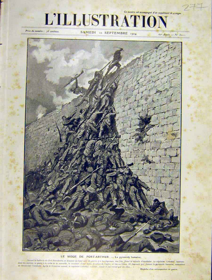 Original Old Antique Print Port-Arthur War Russian-Japanese Human Pyramid 1904