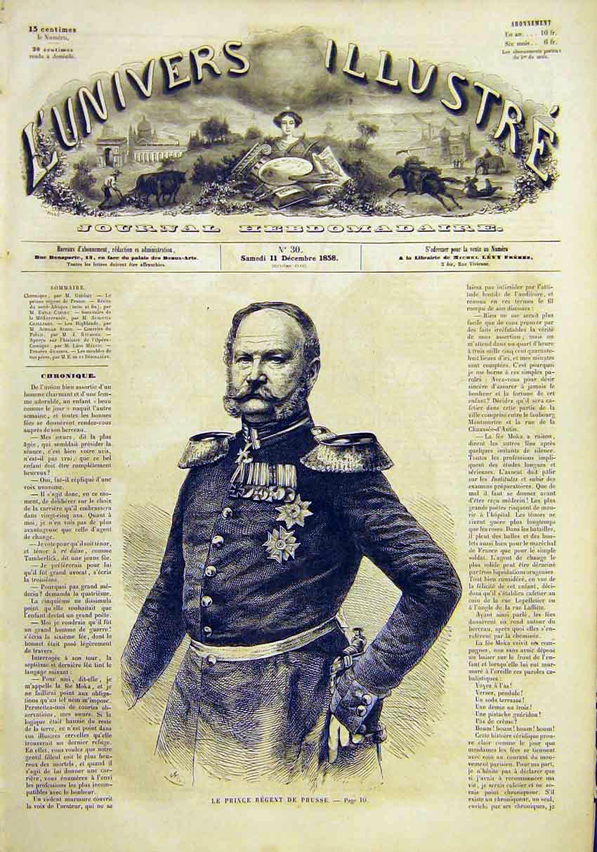 Original Old Antique Print Portrait Prince Regent Prussia French 1859 Victorian