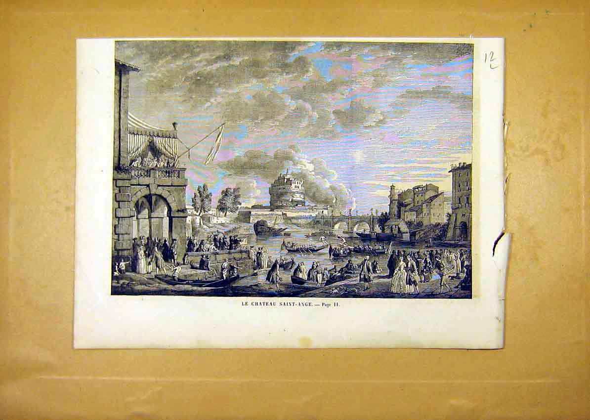 Original Old Antique Print Castle Saint-Ange River People French 1859 Victorian