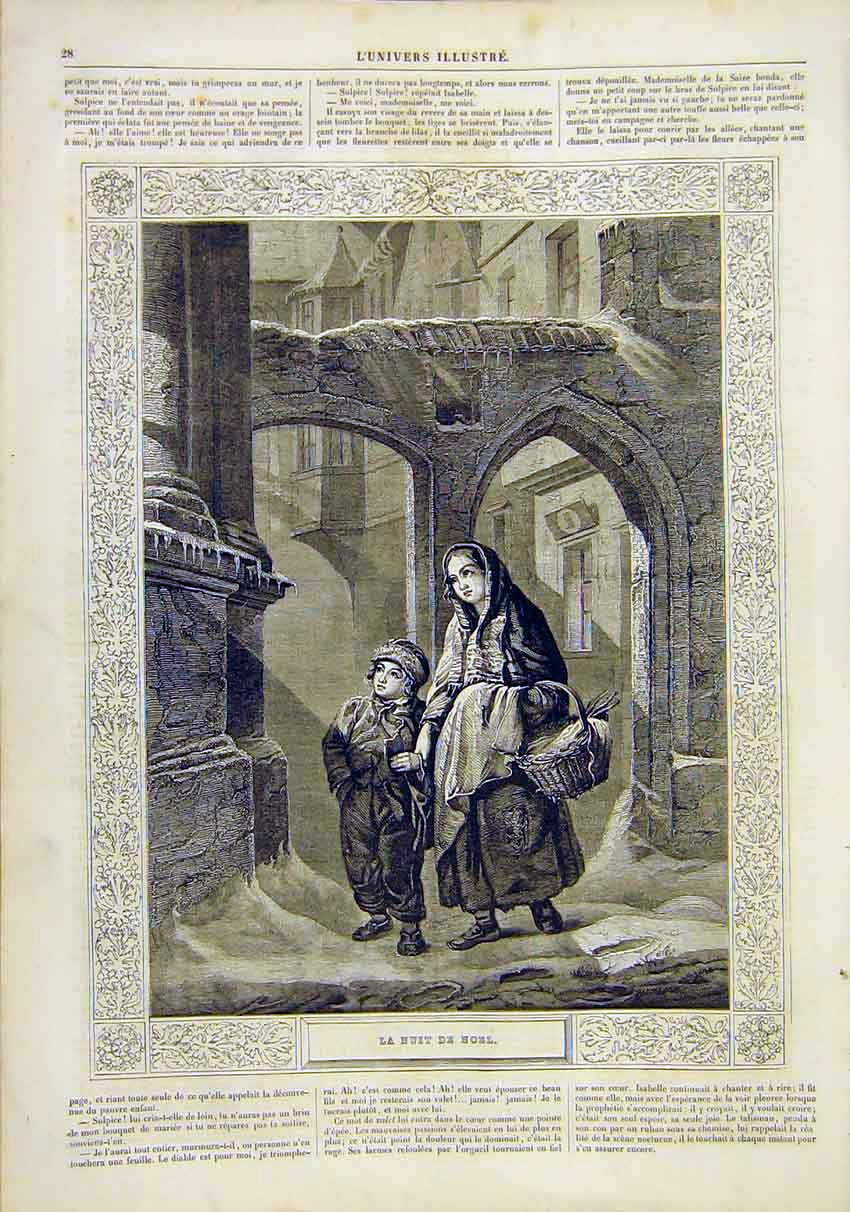 Original Old Antique Print Christmas Eve Girl Boy Fine Art French 1859 Victorian
