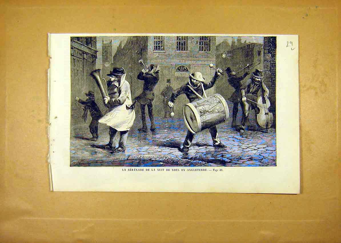 Original Old Antique Print Serenade Christmas Night Germany French 1859 19th