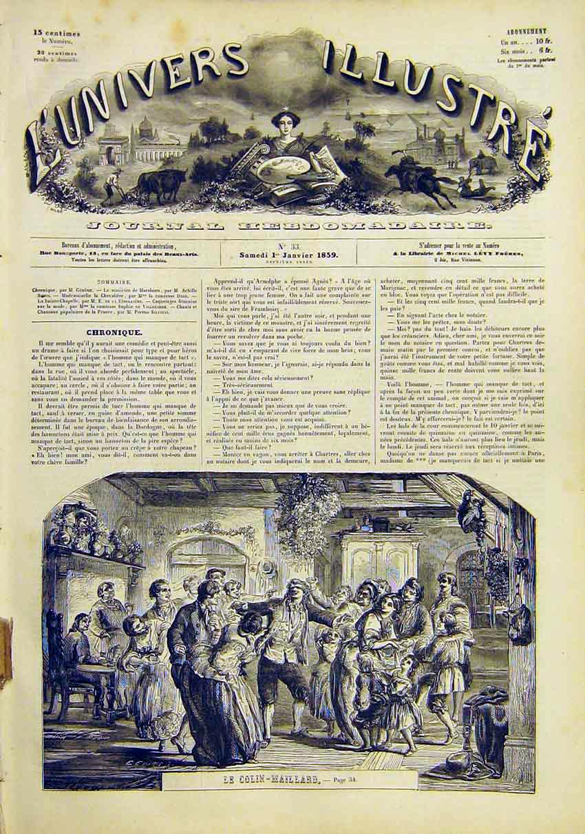 Original Old Antique Print Blind-Man-Buff Game Party Colin Maillard 1859 19th