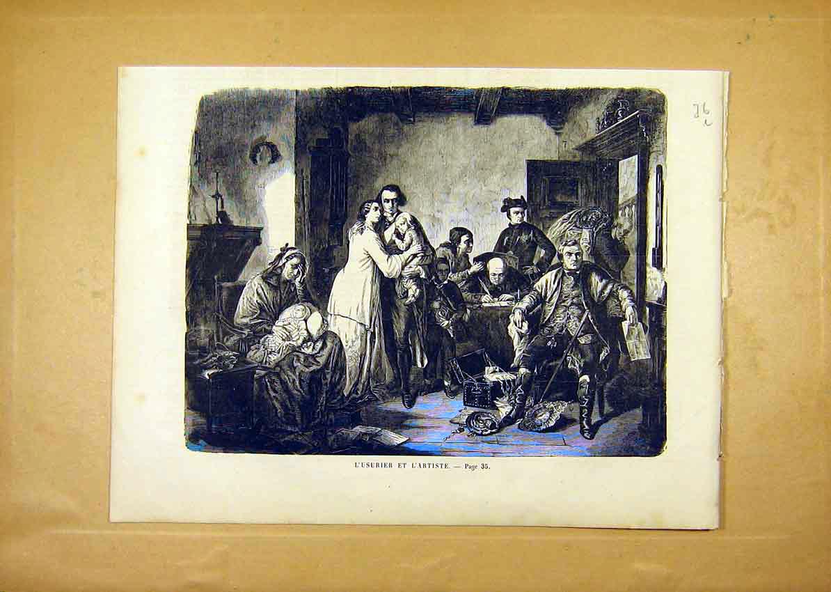 Original Old Antique Print Artist Usurier Debt Payment French 1859 Victorian