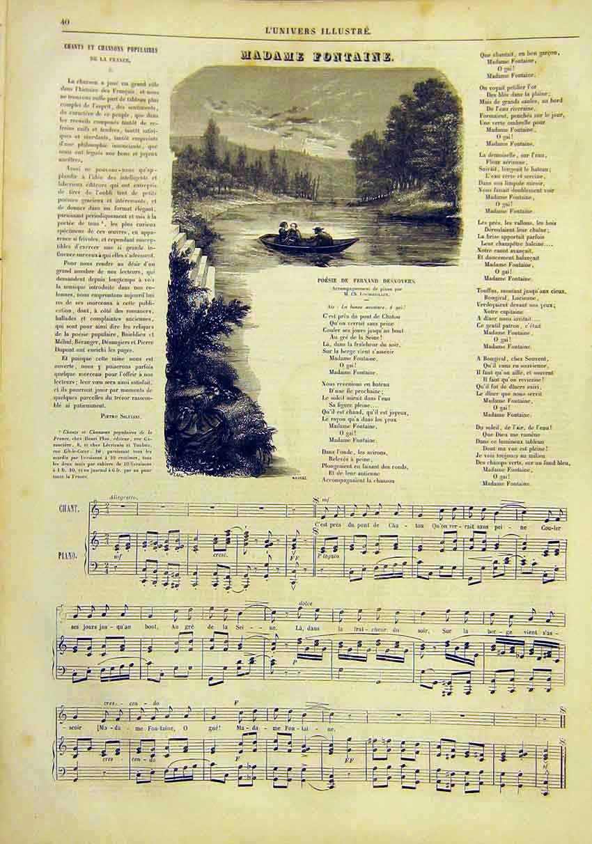 Original Old Antique Print Song Music Madame Fontaine French 1859 19th