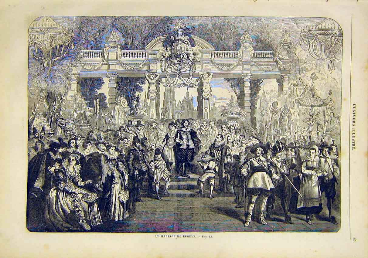 Original Old Antique Print Reubens Marriage Celebrations French 1859 Victorian