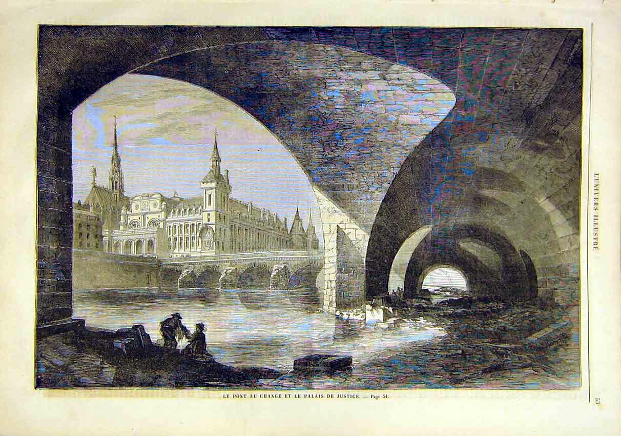 Original Old Antique Print Bridge Change Palace Justice River French 1859 19th