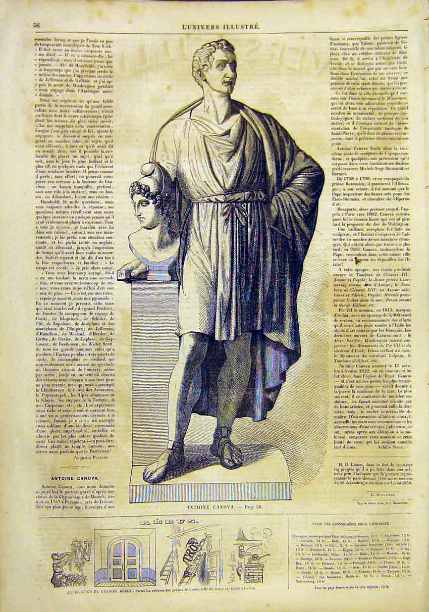 Original Old Antique Print Statue Anthony Canova Munich French 1859 Victorian