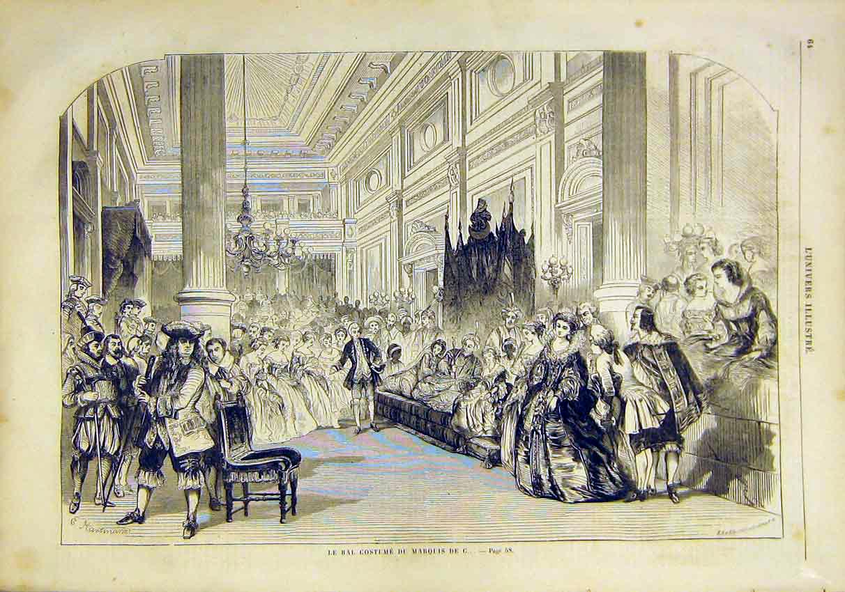 Original Old Antique Print Costume Ball Marquis Fancy Dress French 1859 19th