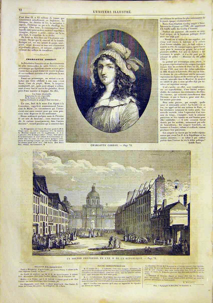 Original Old Antique Print Portrait Charlotte Corday France French 1859 19th