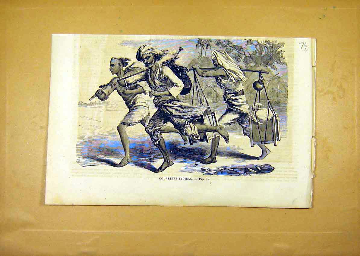 Original Old Antique Print Indian Couriers Carriers Porter French 1859 19th