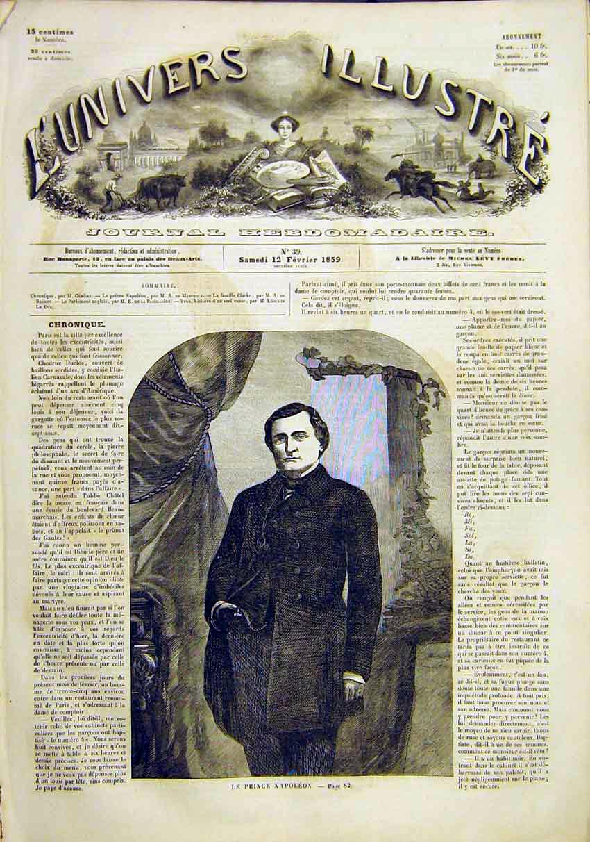 Original Old Antique Print Portrait Prince Napoleon French 1859 19th