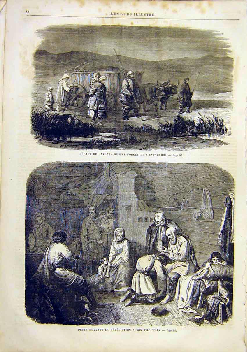 Original Old Antique Print Peasants Russian Donnant Benediction Yvan 1859 19th