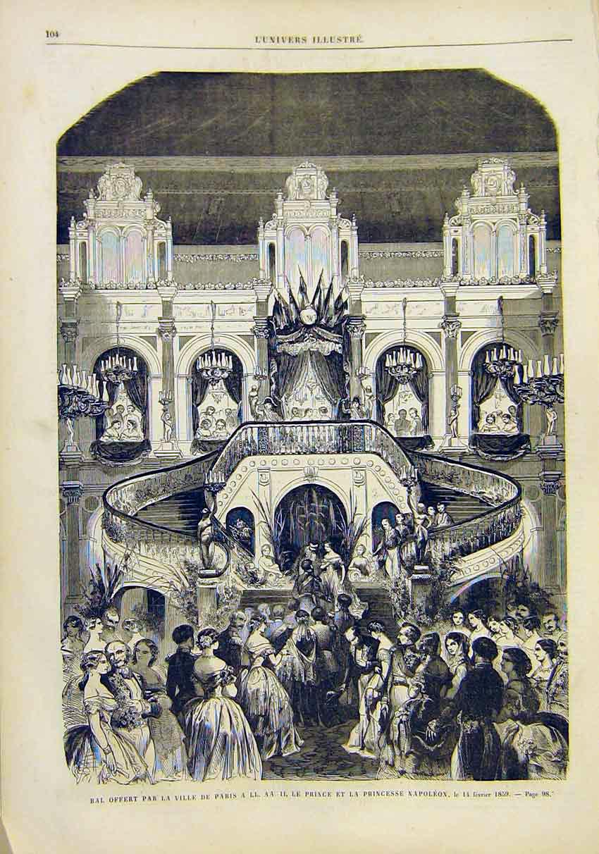 Original Old Antique Print Ball Paris Prince Napoleon Princess French 1859 19th