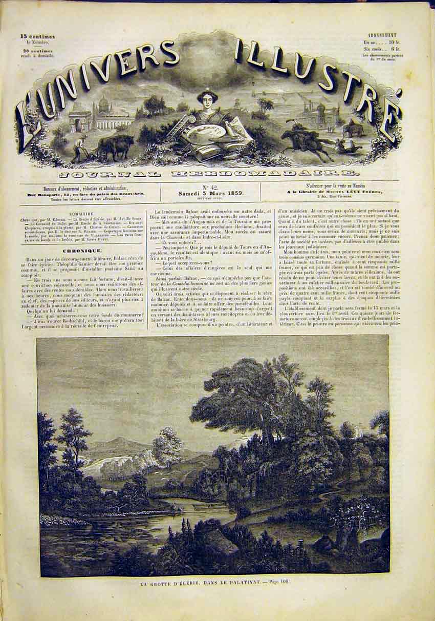 Original Old Antique Print Palatinat Grotto Garden Park River French 1859 19th