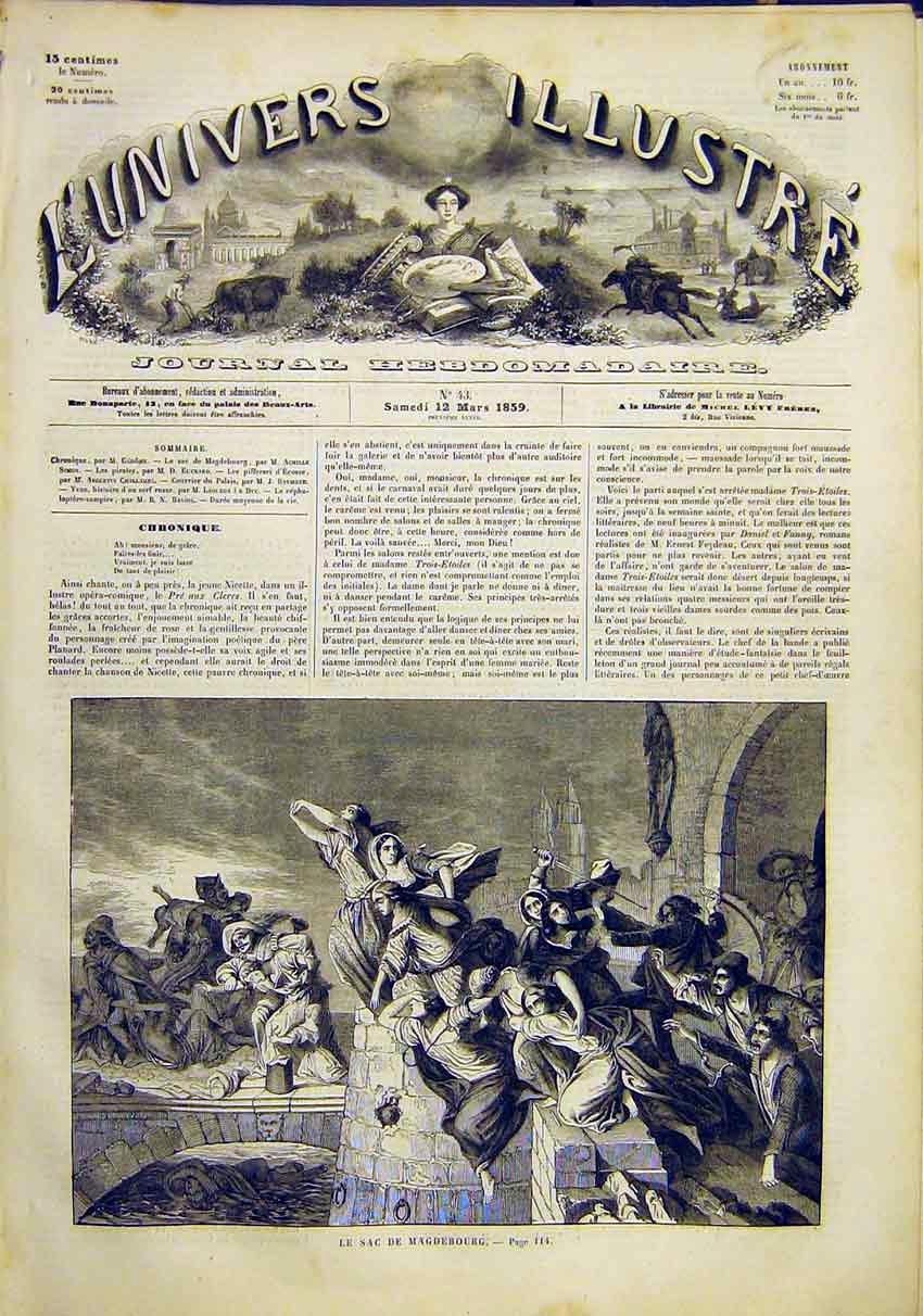 Original Old Antique Print Battle Magdebourg War French 1859 19th