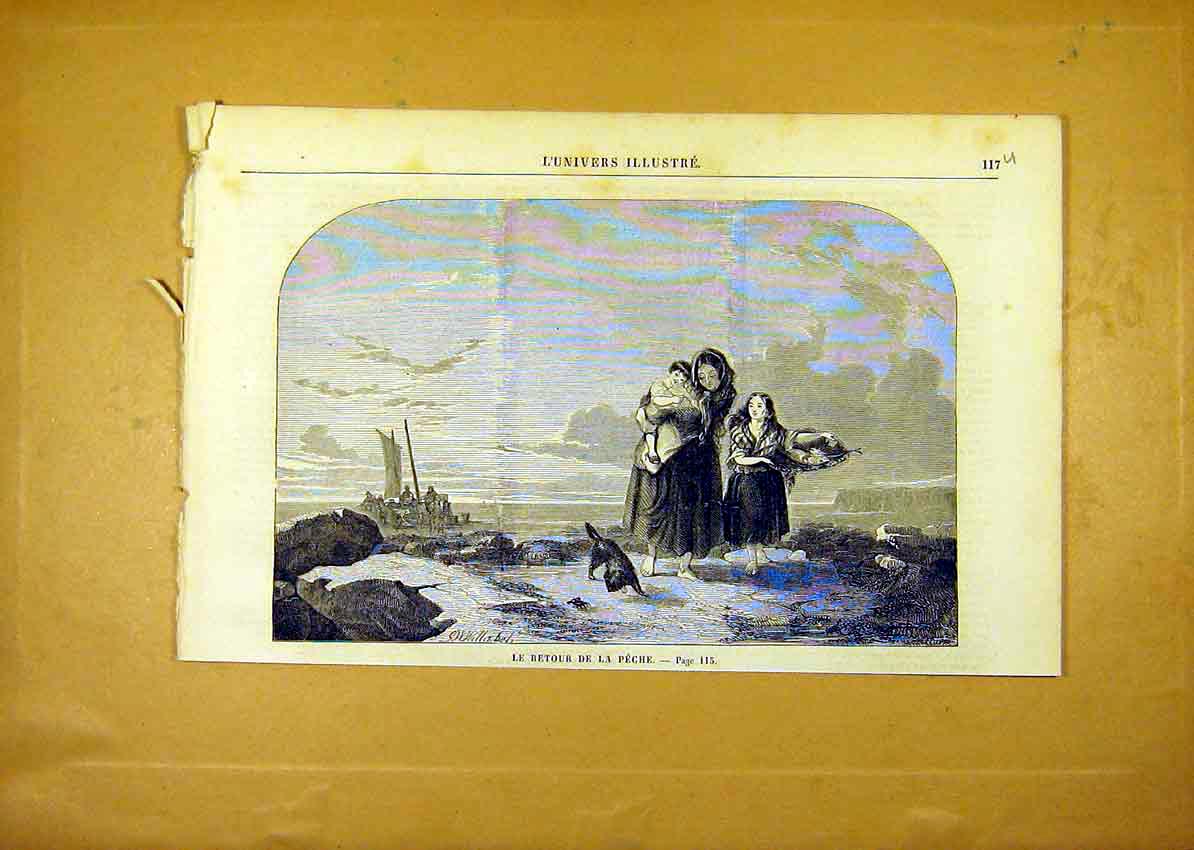 Original Old Antique Print Fish Fishermen Fish-Wife French 1859 19th