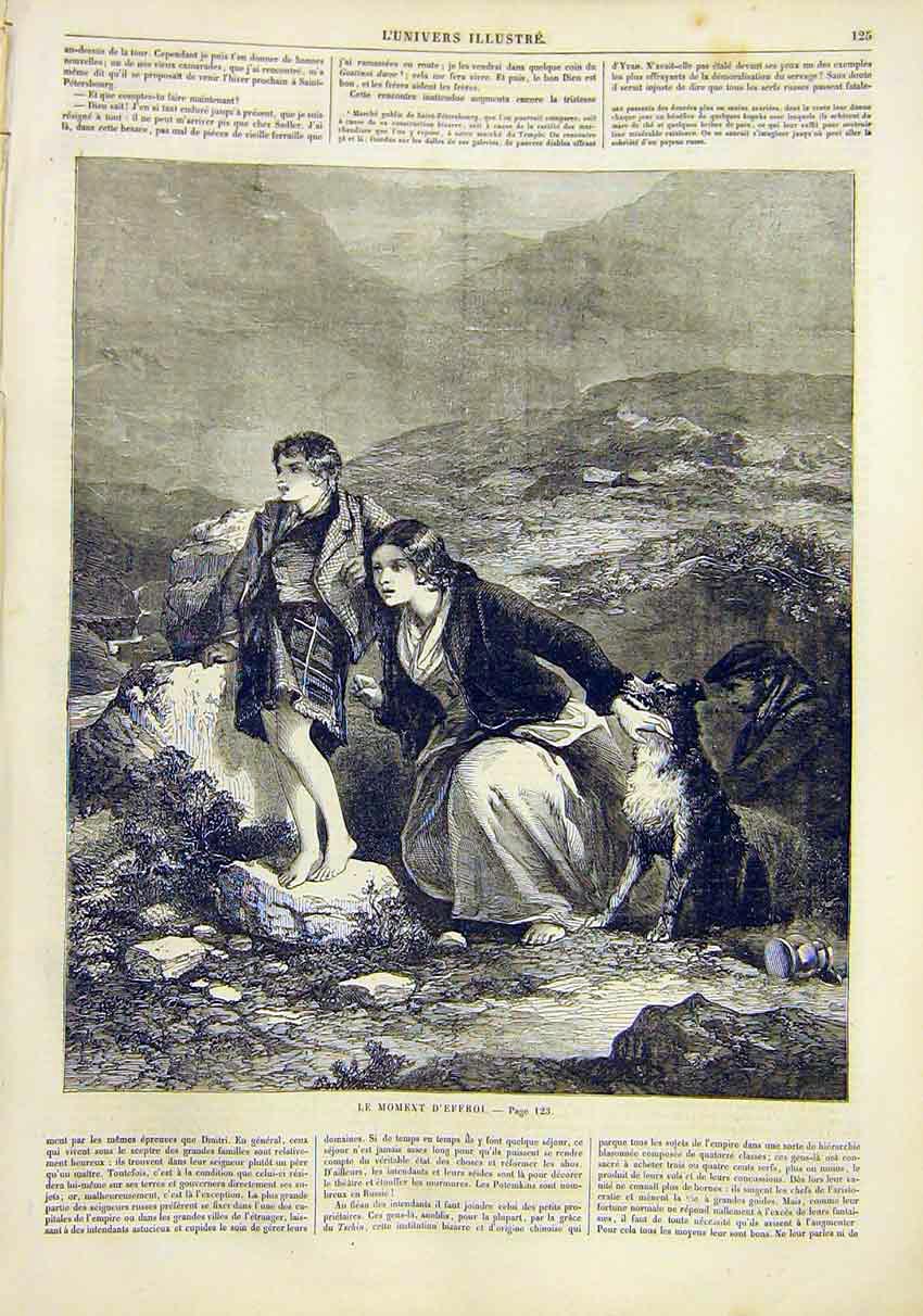 Original Old Antique Print Moment Truth Lady Boy Dog Fine Art French 1859 19th
