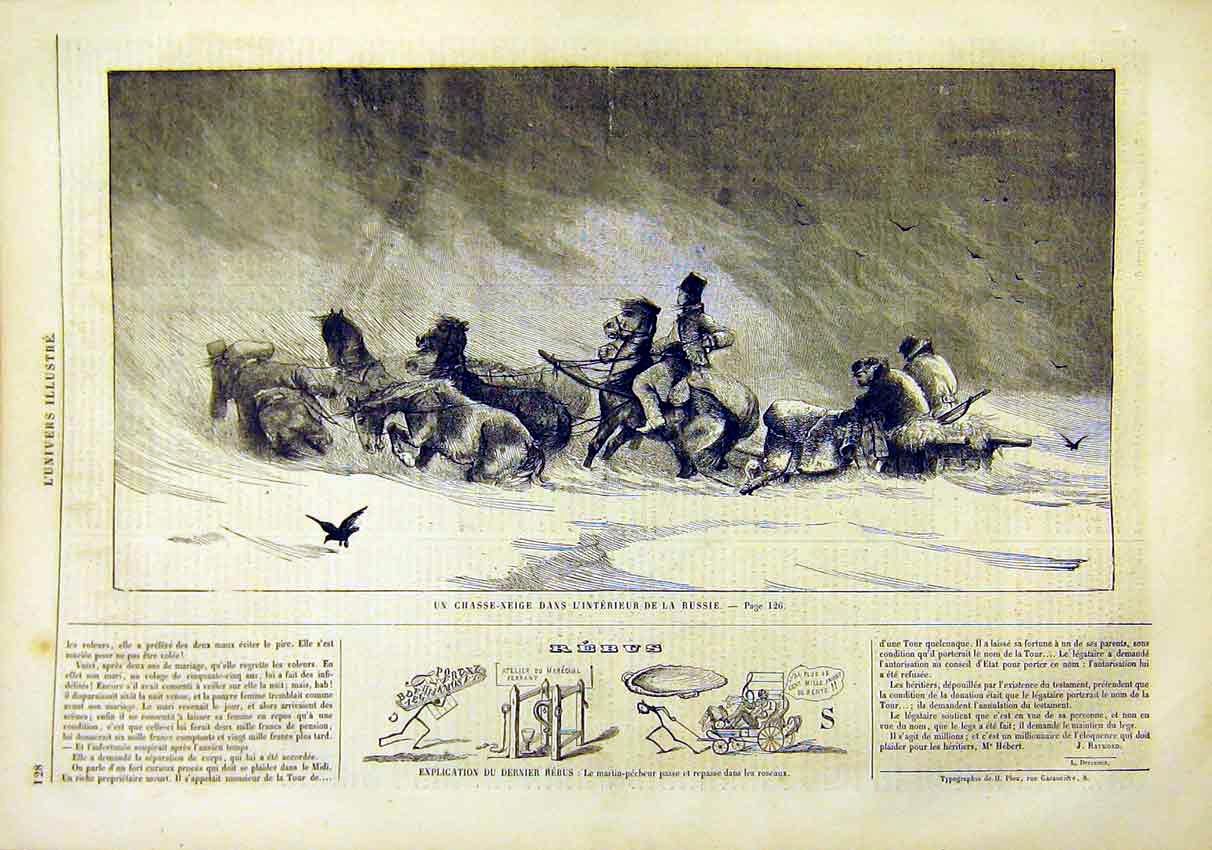 Original Old Antique Print Russian Interior Snow Storm Sleigh French 1859 19th