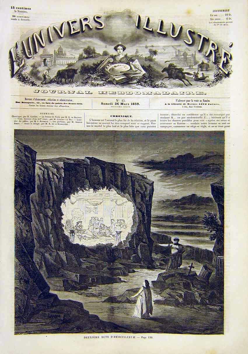 Original Old Antique Print Hercules Scene Theatre French 1859 Play Victorian
