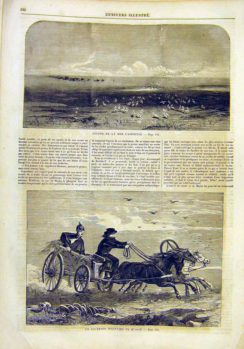 Original Old Antique Print Steppes Caspian Military Russian Courier 1859 19th