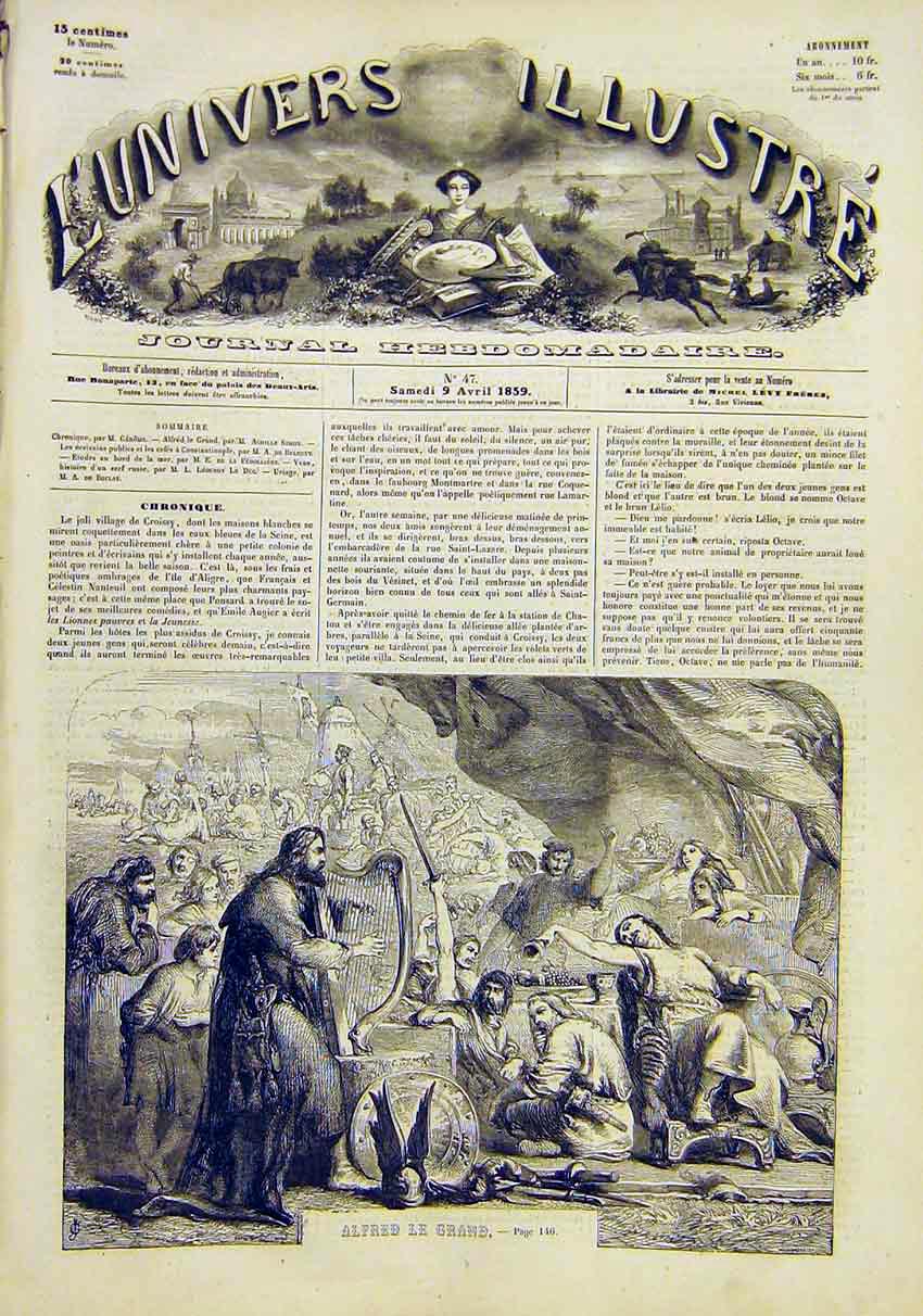 Original Old Antique Print Painting Alfred Great Fine Art French 1859 Victorian