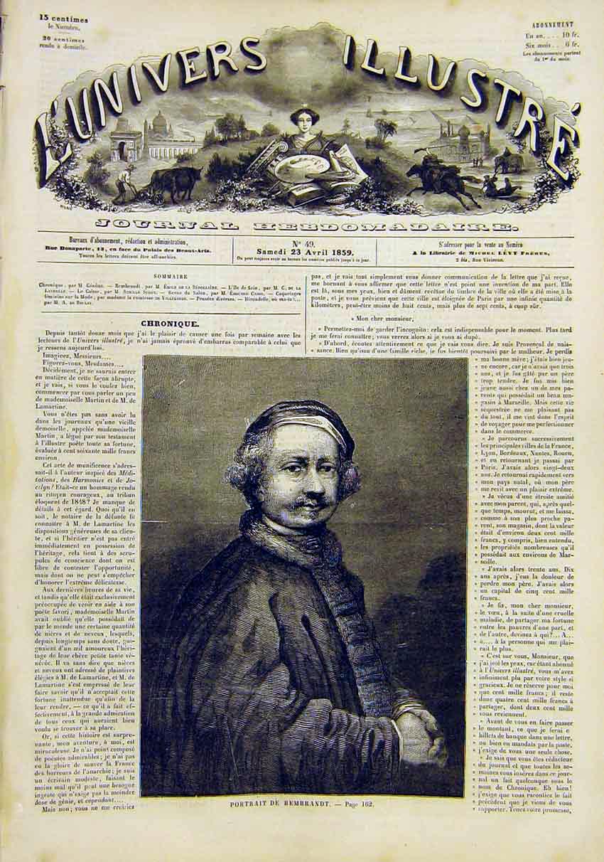Original Old Antique Print Portrait Rembrandt Fine Art French 1859 Victorian