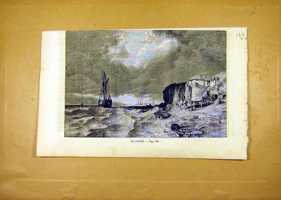 Original Old Antique Print Calm Sea Beach Fine Art French 1859 19th