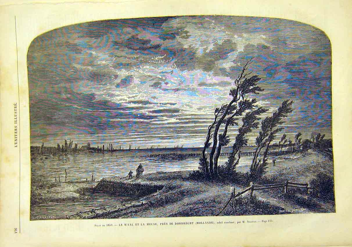 Original Old Antique Print Dordrecht Holland Anastasi Fine Art French 1859 19th