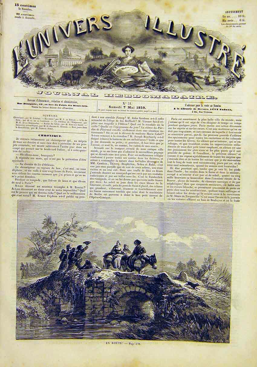 Original Old Antique Print En Route Fine Art Travellers Donkey Bridge 1859 19th